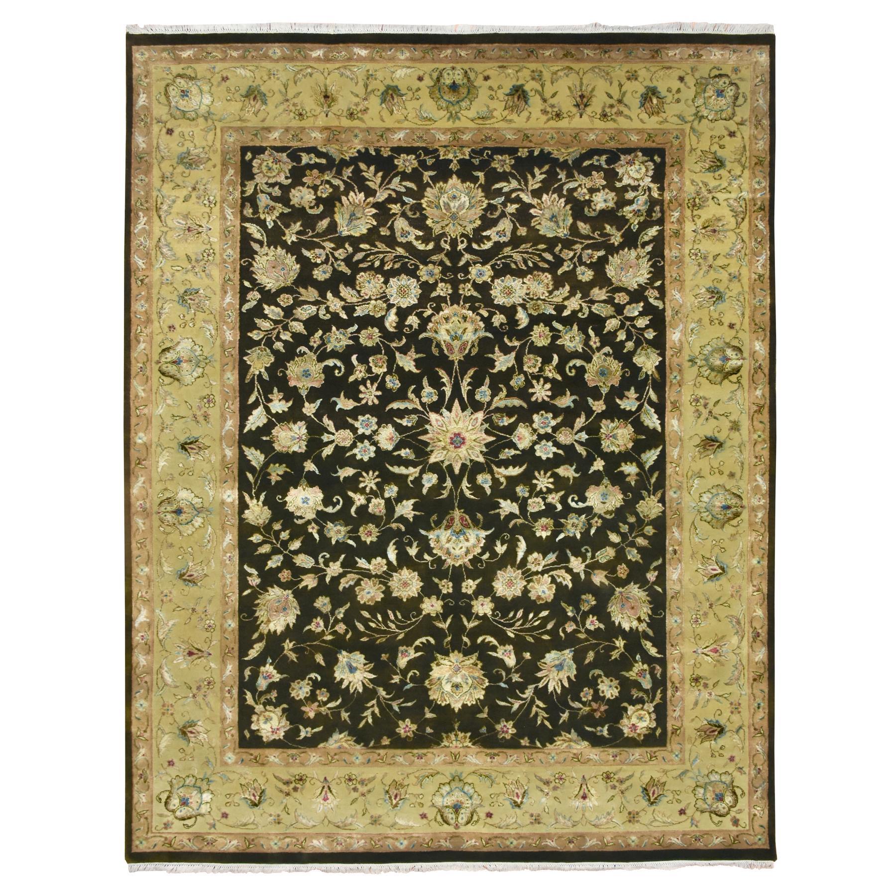 Mocha Brown, Hand Knotted, Wool and Silk, Thick and Plush, Rajasthan with All Over Leaf Design, Densely Woven, Oriental Rug